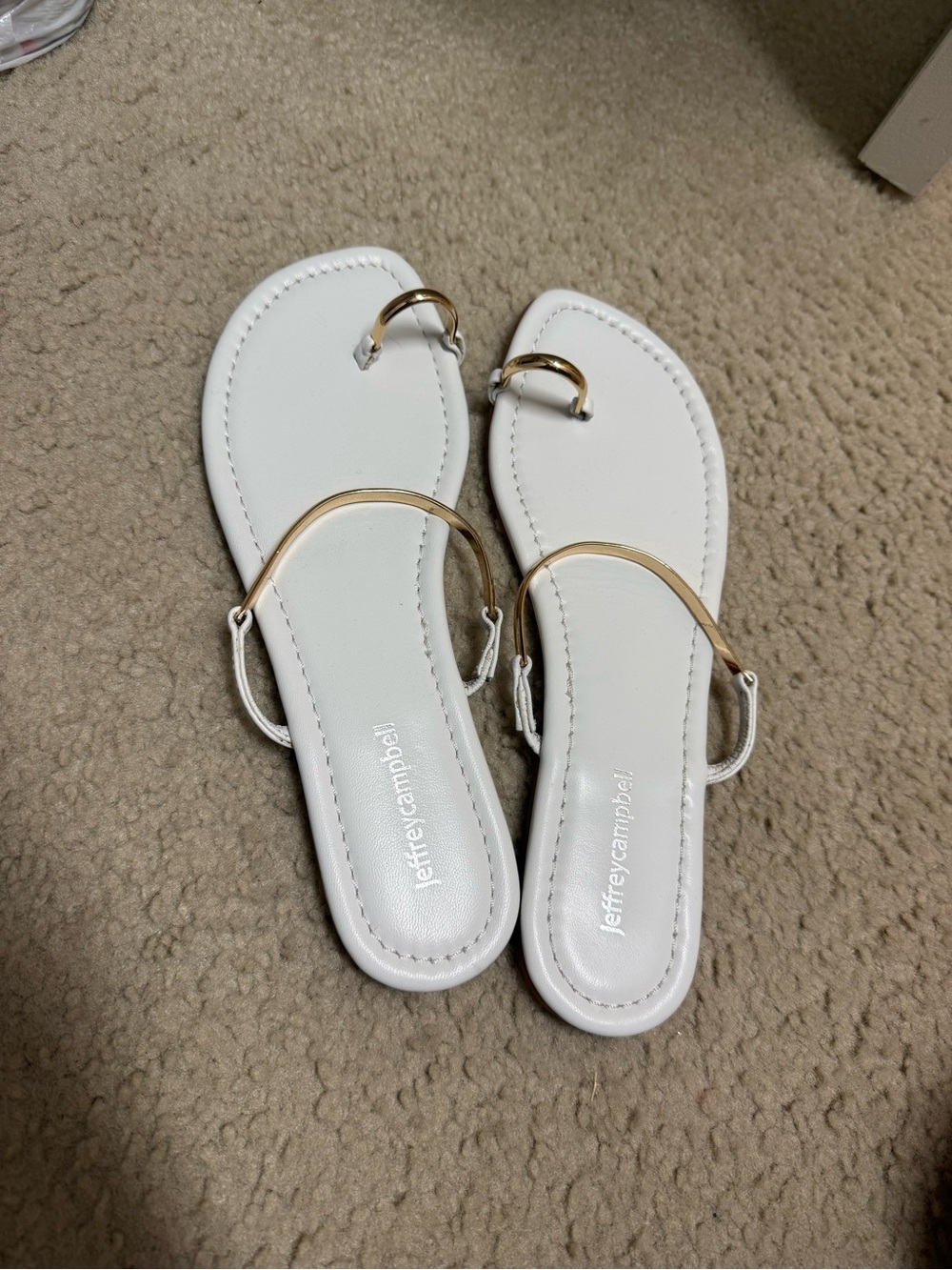 Jeffrey Campbell White Leather Toe-Ring Sandals with Gold Accent